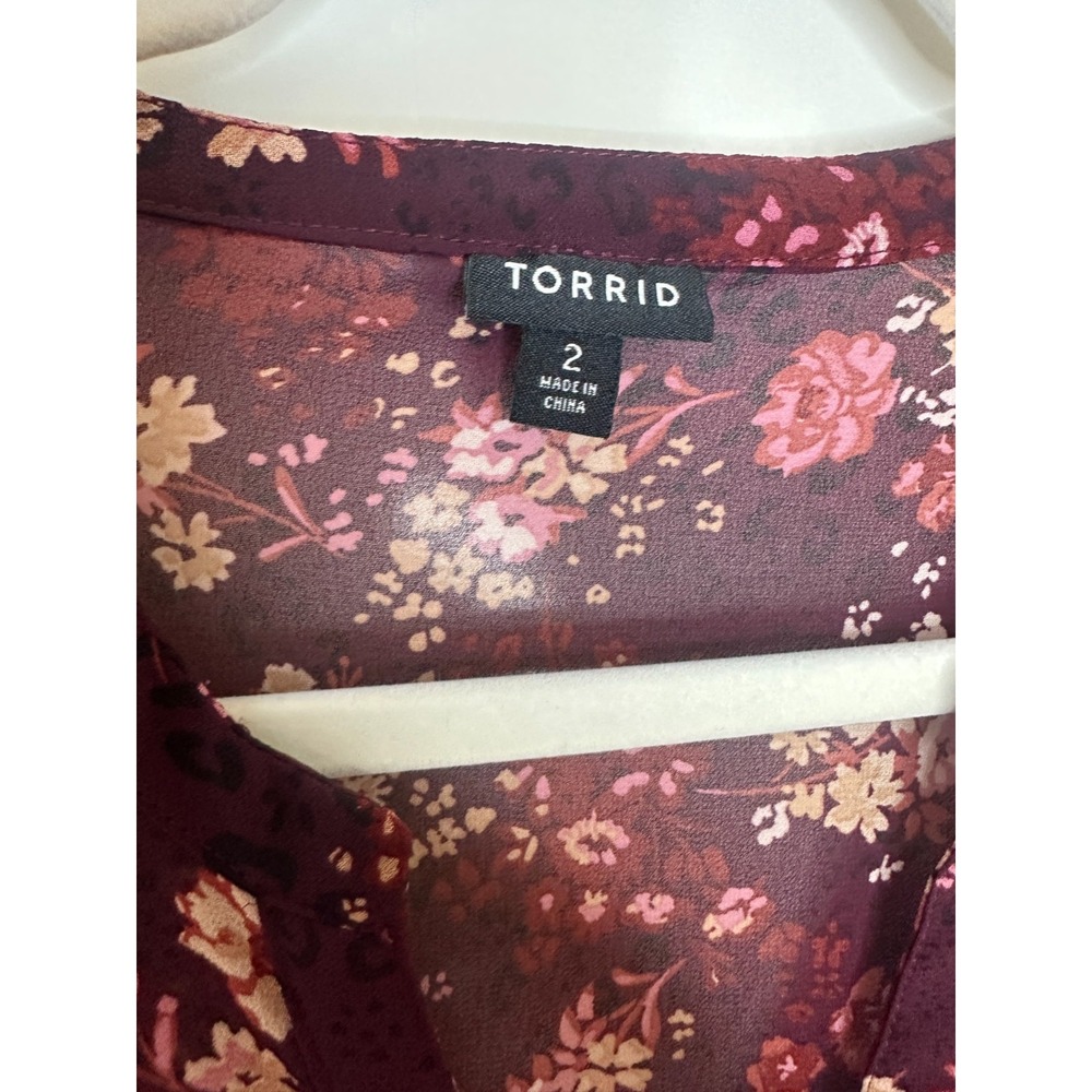 Torrid Burgundy Floral Sheer Chiffon Hi-Lo Babydoll Tunic Top Plus Size 2 2X - Picture 6 of 11